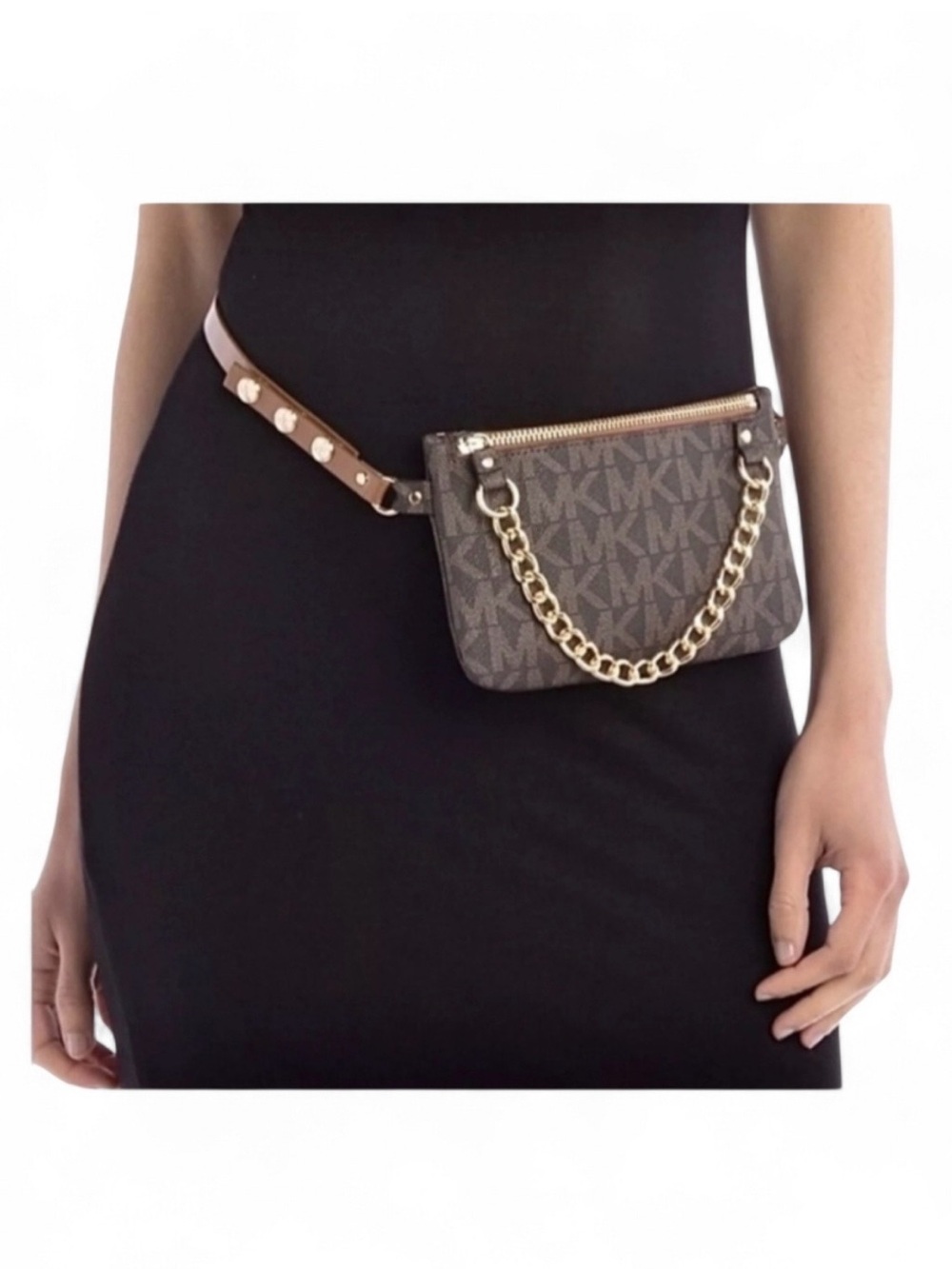 Michael Kors Brown MK Logo Crossbody Belt Bag with Gold Chain